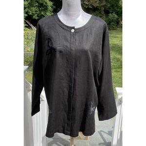 David Dart 100% Linen Black Topper Lagenlook Sz XL Embroidered with Butterflies